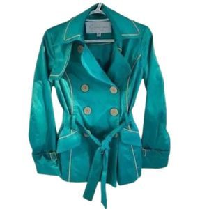 17. Jessica Simpson Emeral Green Trench Coat, designer w/ belt & beige buttons S